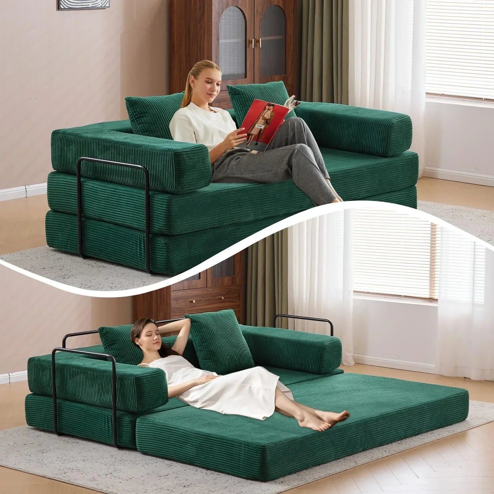 Canapé-lit convertible avec dossier à oreillers en tissu chenille pour salon et chambre