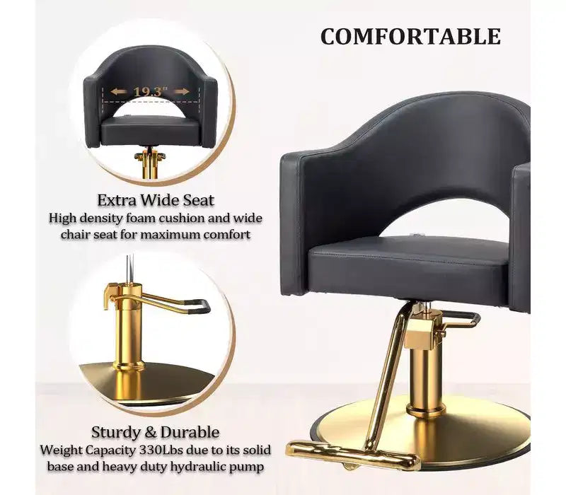 Chaise de coiffure pivotante Karl Home noire robuste à 360° avec dossier à motif losanges et repose-pieds doré