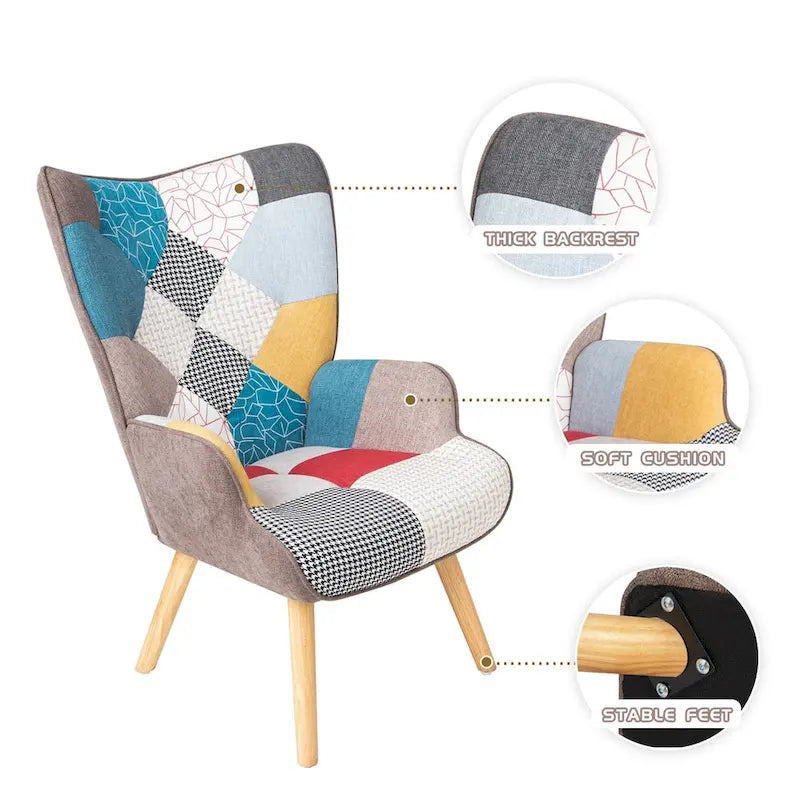 Fauteuil d'appoint avec pouf, ensemble fauteuil et pouf de salon, fauteuil d'appoint confortable pour chambre à coucher, surface en tissu à épissures créatives