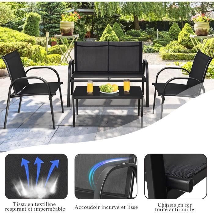 COSTWAY Ensemble Salon de Jardin 4 Places, 2 Fauteuils, 1 Canapé et 1 Table Basse en Verre, Tissu Respirant Anti-UV, Noir