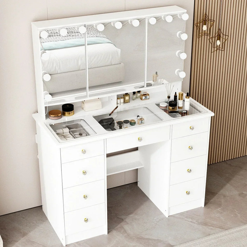 Coiffeuse avec miroir triptyque éclairage certifié et plateau en verre