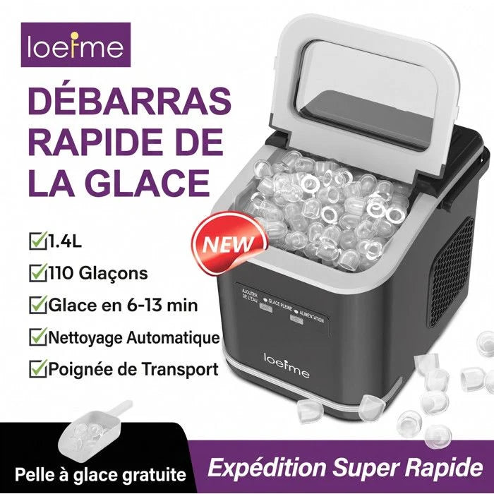 Machine à glaçons verte 12kg/24h, réservoir 1.4L, 9 glaçons en 6min, silencieuse, autonettoyante, 2 tailles de glaçons, avec poignée