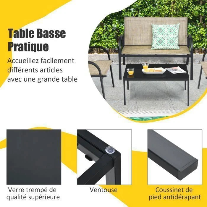 COSTWAY Ensemble Salon de Jardin 4 Places, 2 Fauteuils, 1 Canapé et 1 Table Basse en Verre, Tissu Respirant Anti-UV, Noir