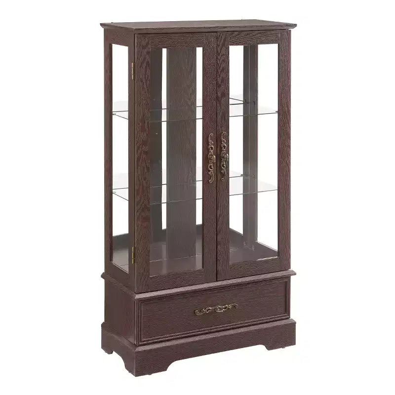 Vitrine en verre éclairée avec étagères réglables - Vitrine élégante à 2 portes et tiroir intégré, ampoule incluse