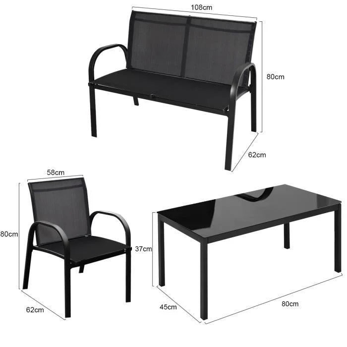 COSTWAY Ensemble Salon de Jardin 4 Places, 2 Fauteuils, 1 Canapé et 1 Table Basse en Verre, Tissu Respirant Anti-UV, Noir