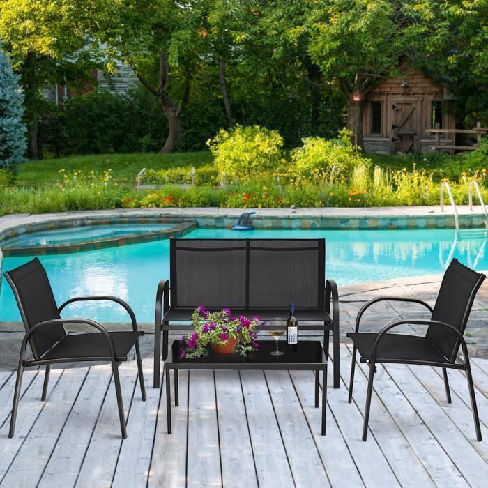 COSTWAY Ensemble Salon de Jardin 4 Places, 2 Fauteuils, 1 Canapé et 1 Table Basse en Verre, Tissu Respirant Anti-UV, Noir
