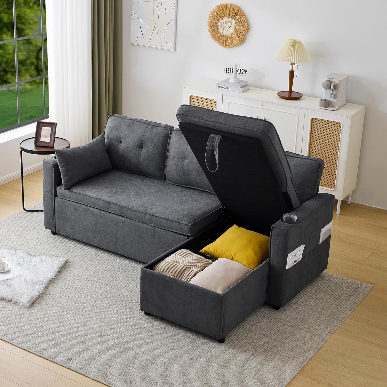 Canapé convertible 3 places avec porte-gobelets et poche latérale, canapé d’angle en L avec méridienne réversible droite/gauche, gris