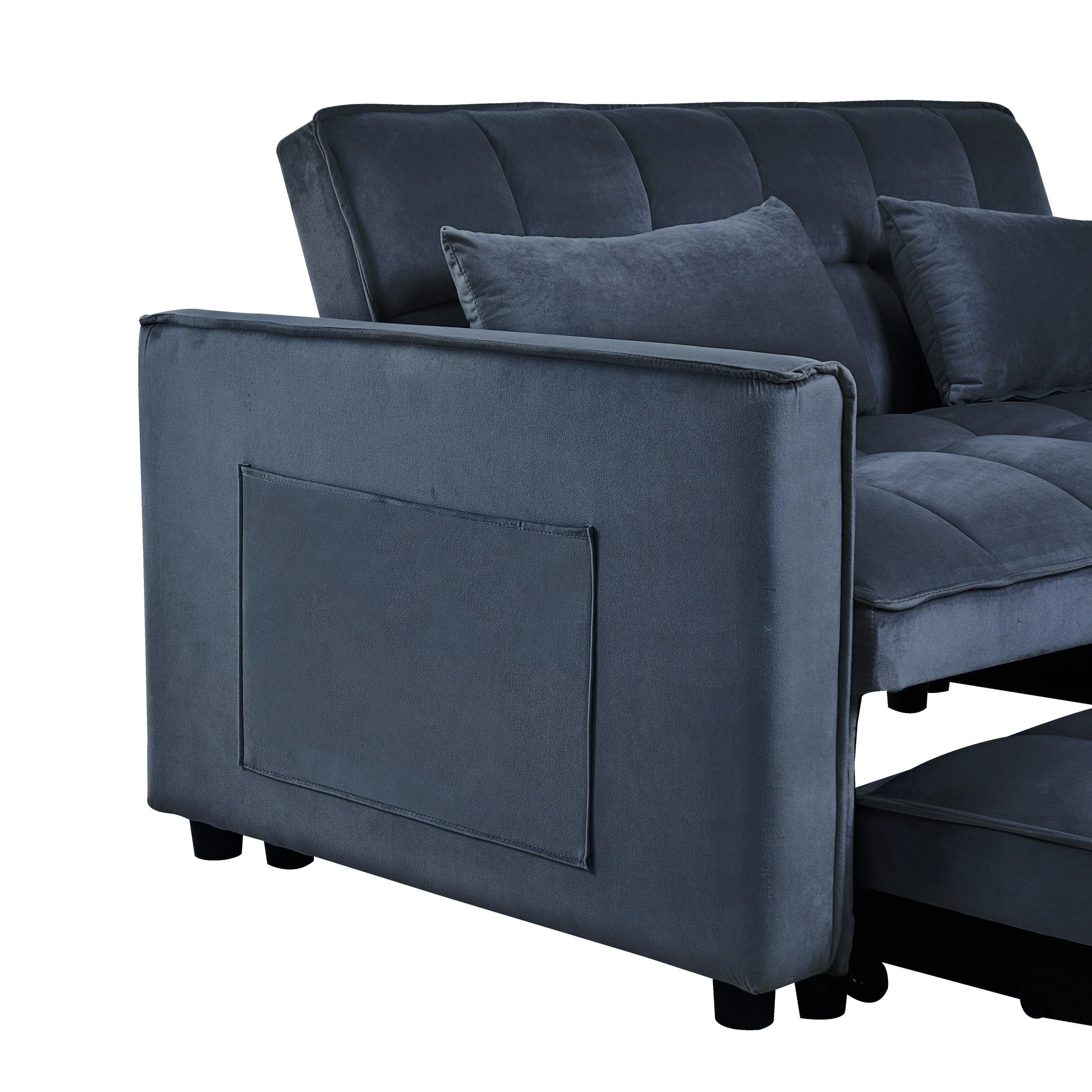 Canapé-lit moderne convertible, canapé-lit 3-en-1 avec dossier réglable, causeuse en velours, oreillers et poches latérales