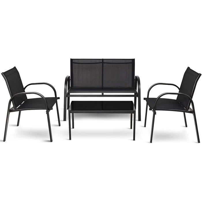 COSTWAY Ensemble Salon de Jardin 4 Places, 2 Fauteuils, 1 Canapé et 1 Table Basse en Verre, Tissu Respirant Anti-UV, Noir
