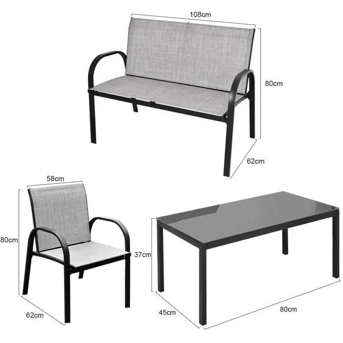 COSTWAY Ensemble Salon de Jardin 4 Places, 2 Fauteuils, 1 Canapé et 1 Table Basse en Verre, Tissu Respirant Anti-UV, Noir