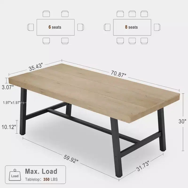 Table de salle à manger de 180 cm pour 6-8 personnes, grande table rectangulaire industrielle avec plateau en bois et pieds en métal pour cuisine et salle à manger, grise