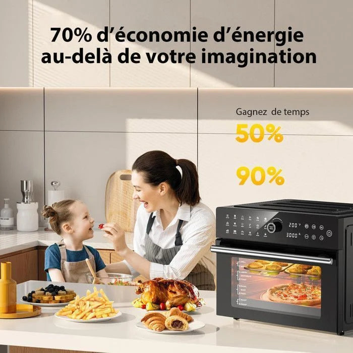 Mini four professionnel - Four a air, 30L/21 Programmes/30-230℃,  Lumière intégrée, Cavité et plateaux en acier inoxydable