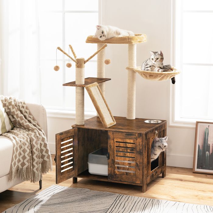 HOOBRO Arbre à Chat avec Maison de Litière pour Chat, Maison pour Chat en Bois avec Tour à Chat, Grège