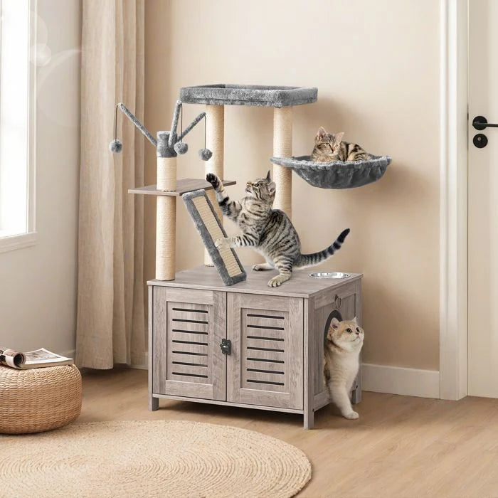 HOOBRO Arbre à Chat avec Maison de Litière pour Chat, Maison pour Chat en Bois avec Tour à Chat, Grège