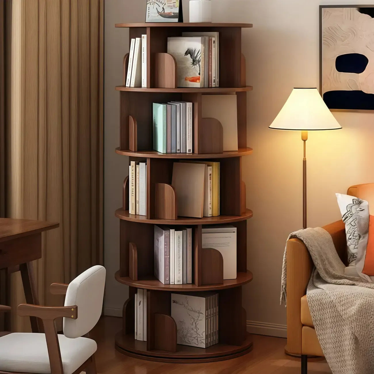 Bibliothèque cylindrique en bois brun à dos ouvert et rotative