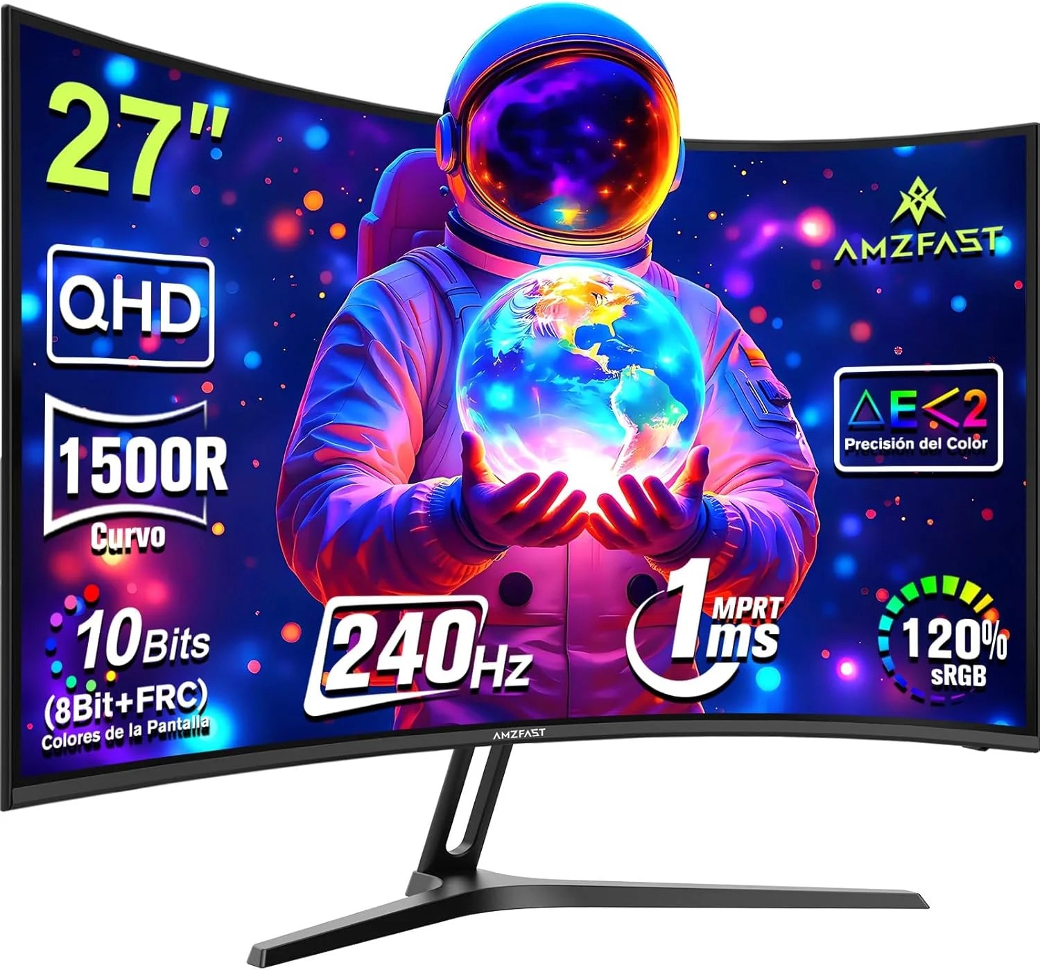 Amzfast Écran PC Gaming incurvé 27 pouces, 2K QHD (2560 x 1440), 240 Hz, 1 ms MPRT, 1500R, sRGB 120 %, Adaptive Sync, filtre de lumière bleue, VESA 100 x 100, HDMI 2.0 x2 / DP 1.4 x2, AMZG27C1Q Pro