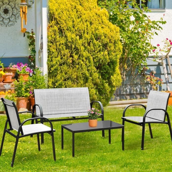COSTWAY Ensemble Salon de Jardin 4 Places, 2 Fauteuils, 1 Canapé et 1 Table Basse en Verre, Tissu Respirant Anti-UV, Noir