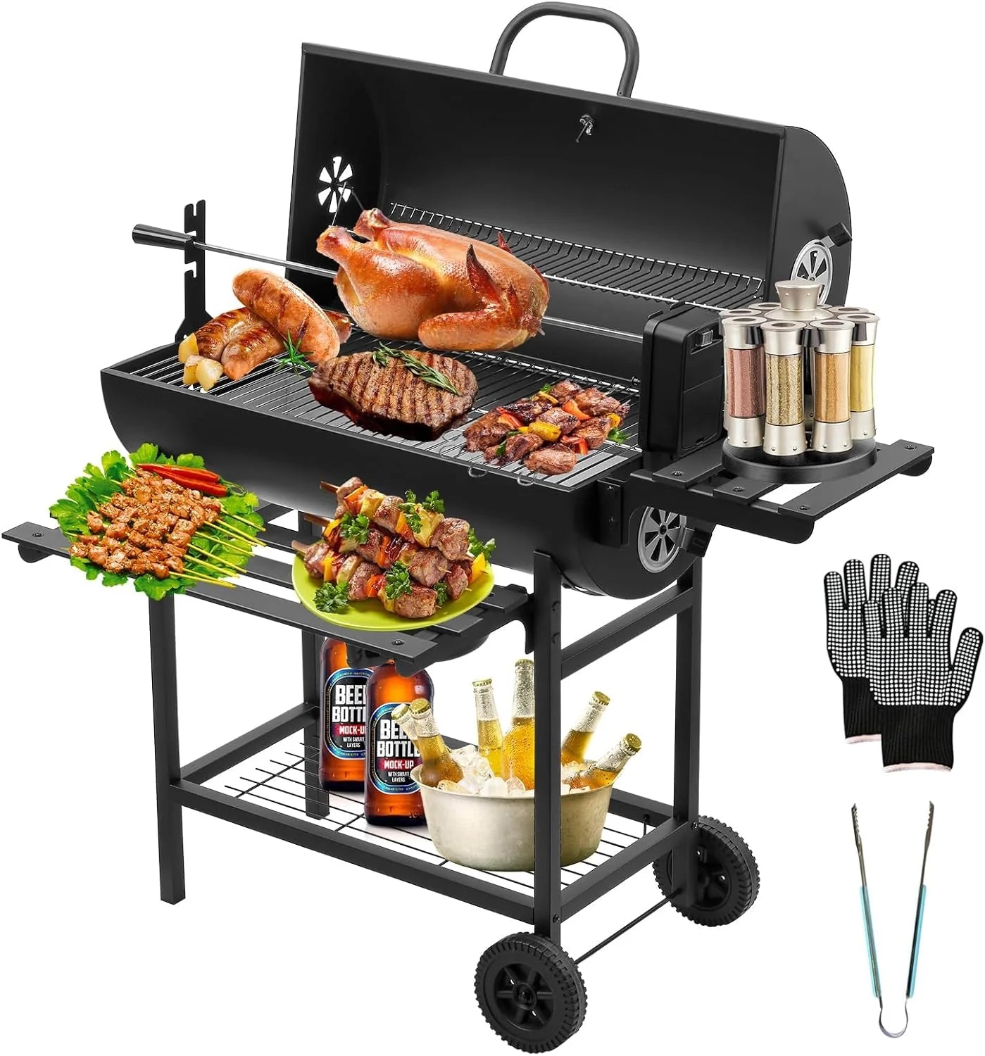 TEENO Barbecue au charbon de bois avec grille de cuisson XXL, gants anti-brûlure, thermomètre, tiroir à cendres et évent réglable – Version améliorée avec grille à poulet (Noir)