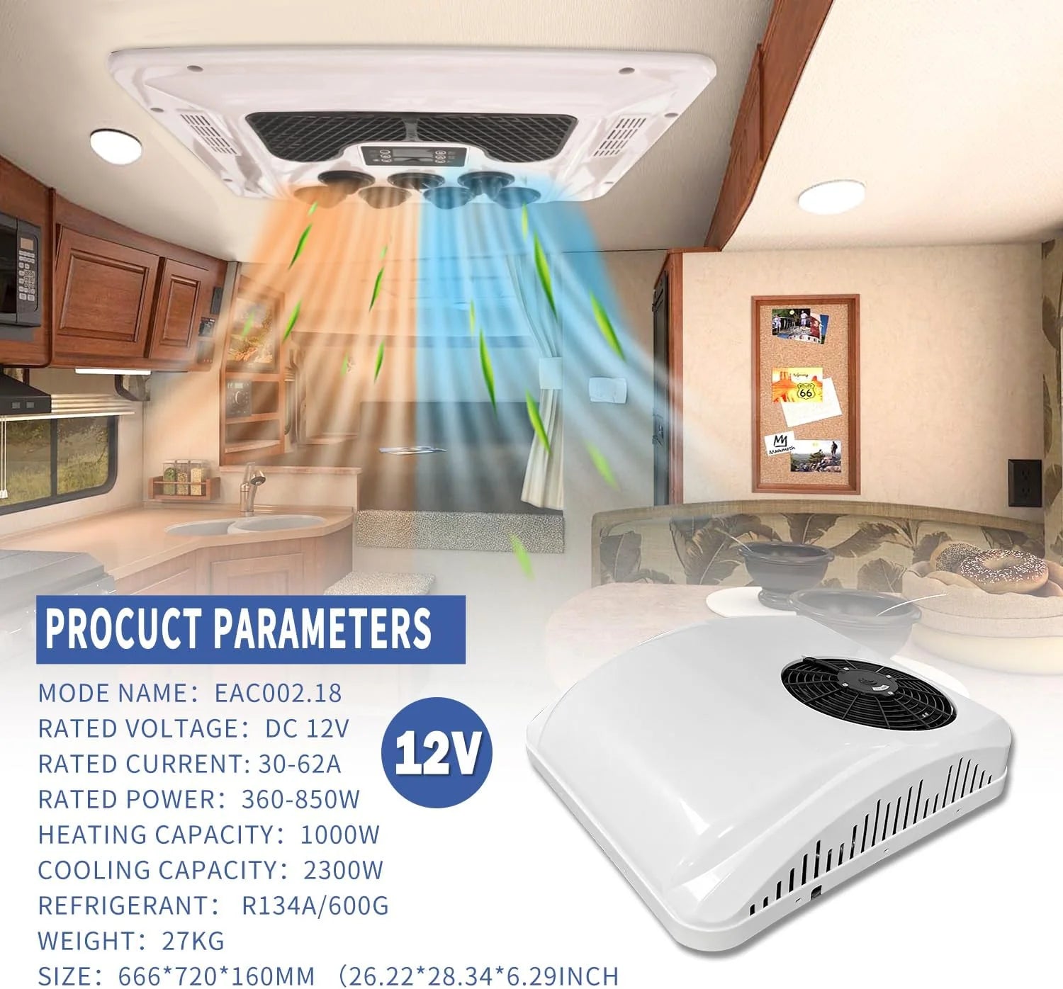Climatiseur RV 8 800 BTU 12 V CC pour camions et camping-cars avec télécommande