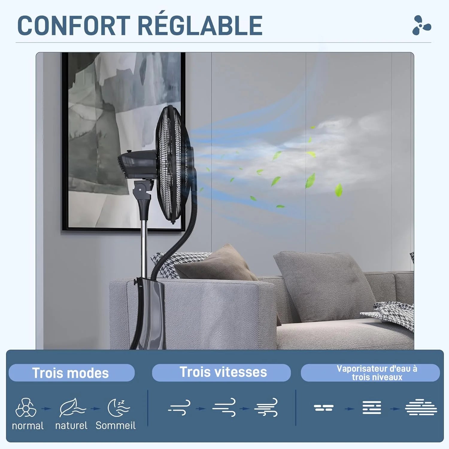 HOMCOM Ventilateur brumisateur sur roulettes ventilateur sur pied 90 W télécommande affichage LED télécommande minuterie 3 modes 3 vitesses oscillant, inclinable réservoir 3L - noir