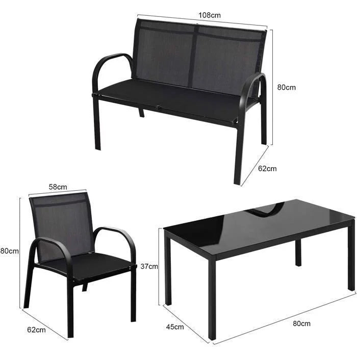 COSTWAY Ensemble Salon de Jardin 4 Places, 2 Fauteuils, 1 Canapé et 1 Table Basse en Verre, Tissu Respirant Anti-UV, Noir