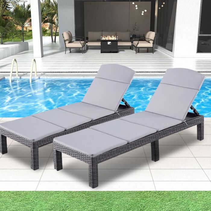 Bain de soleil -Chaise longue de jardin avec coussin gris, inclinable multi-positions,, pour piscine, terrasse et extérieur