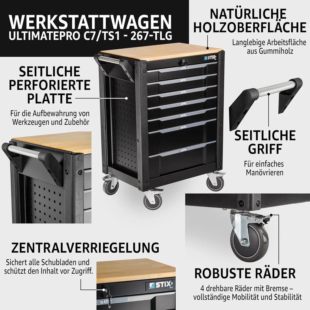 Stix UltimatePro C7/TS1 – Servante d’atelier avec 267 outils Cr-V, 7 tiroirs sur roulements, roulettes et plan de travail en bois