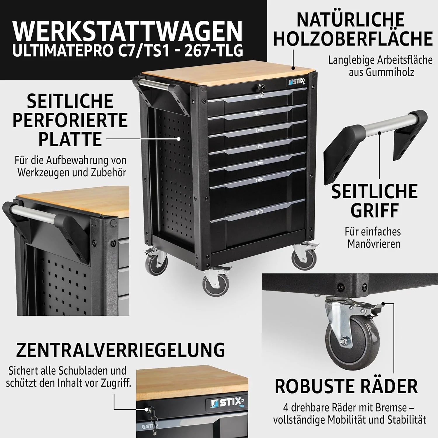 Stix UltimatePro C7/TS1 – Servante d’atelier avec 267 outils Cr-V, 7 tiroirs sur roulements, roulettes et plan de travail en bois