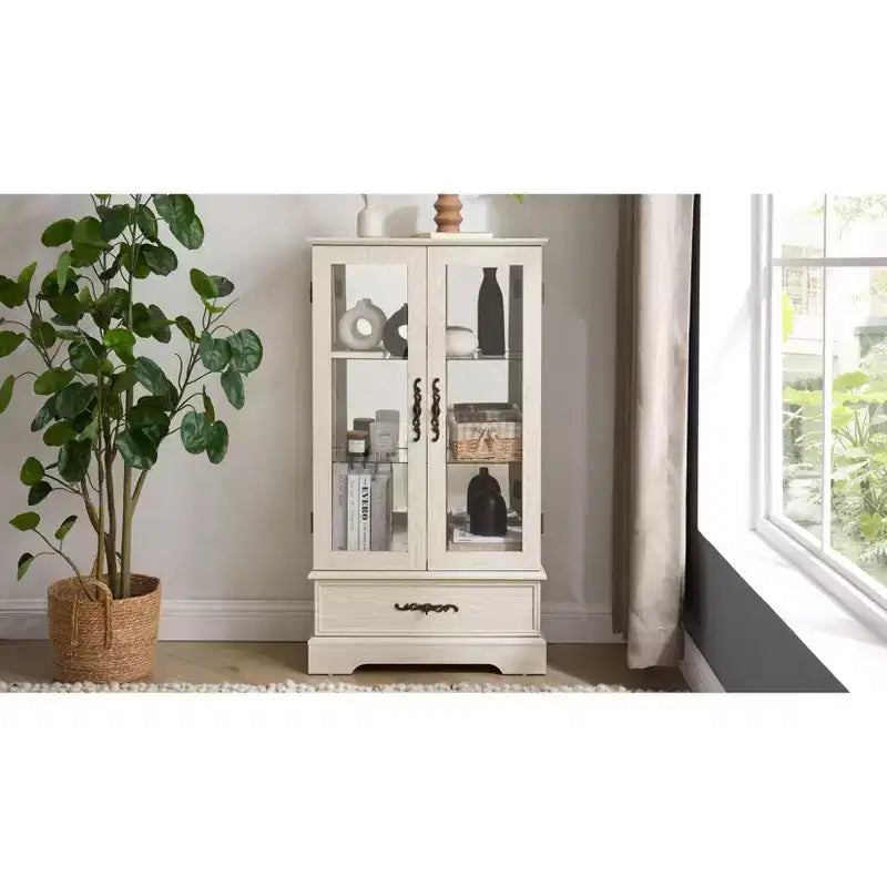 Vitrine en verre éclairée avec étagères réglables - Vitrine élégante à 2 portes et tiroir intégré, ampoule incluse