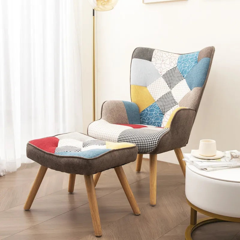 Fauteuil d'appoint avec pouf, ensemble fauteuil et pouf de salon, fauteuil d'appoint confortable pour chambre à coucher, surface en tissu à épissures créatives