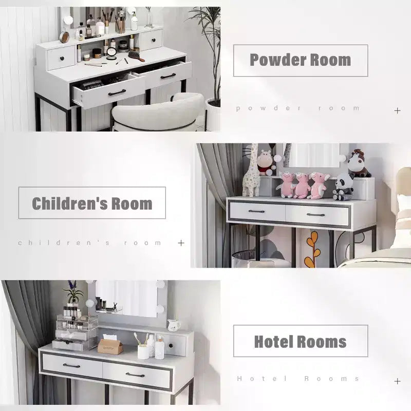Coiffeuse avec miroir lumineux, table de maquillage Hollywood 3 couleurs dimmable avec 4 tiroirs