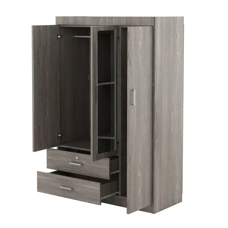 Armoire penderie 3 portes avec miroirs, étagères et 2 tiroirs