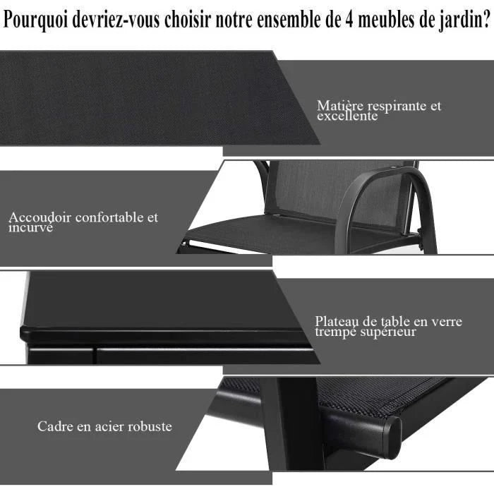 COSTWAY Ensemble Salon de Jardin 4 Places, 2 Fauteuils, 1 Canapé et 1 Table Basse en Verre, Tissu Respirant Anti-UV, Noir