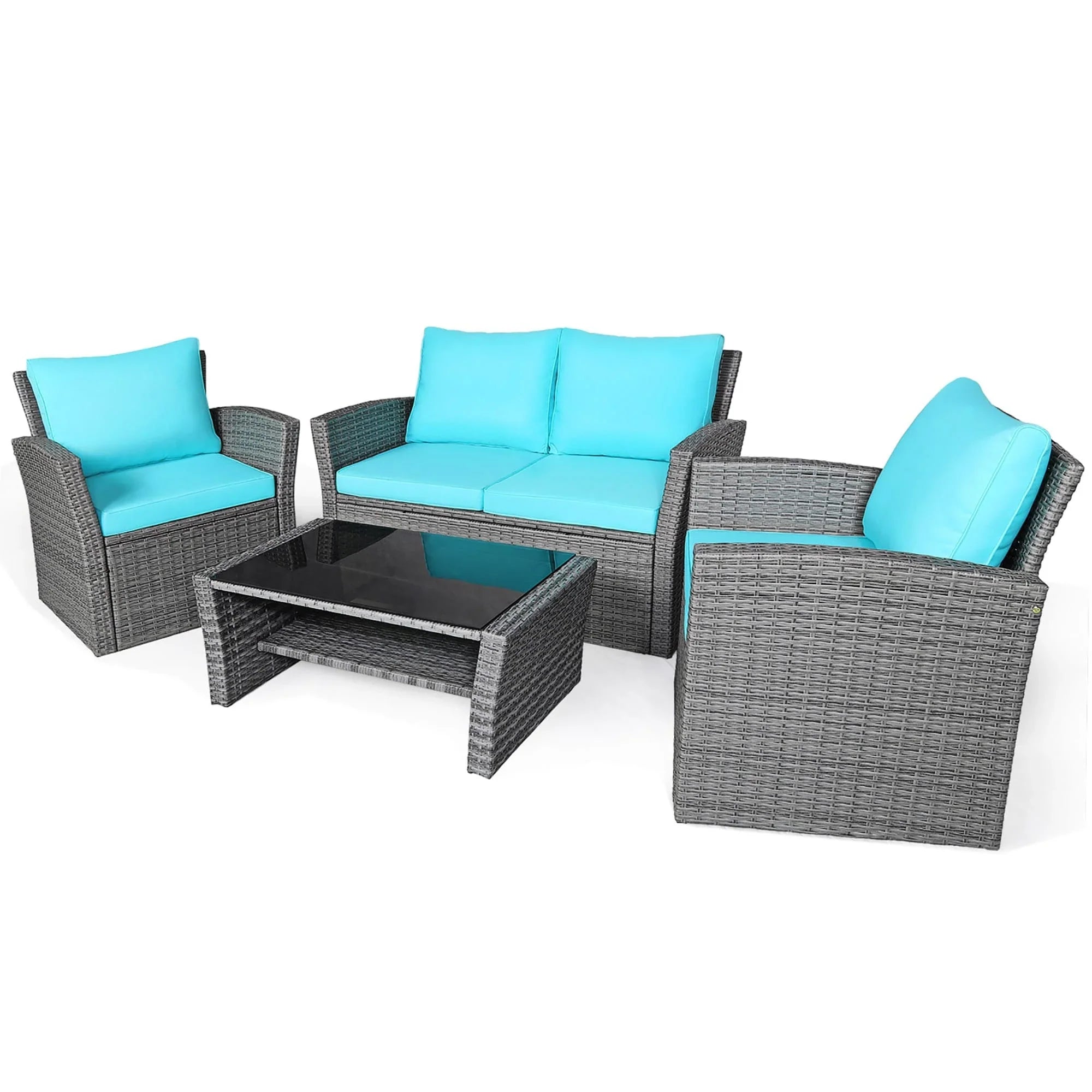 Salon de jardin 4 pièces avec table basse, ensemble canapé et fauteuils d’extérieur (turquoise)