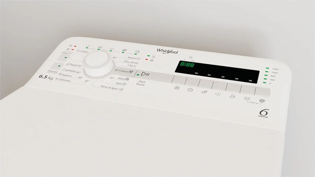 Whirlpool TDLR 65230SS EU/N – Lave-linge top 6,5 kg, 1 200 tr/min, technologie 6th Sense et FreshCare, blanc, classe énergétique NEL D