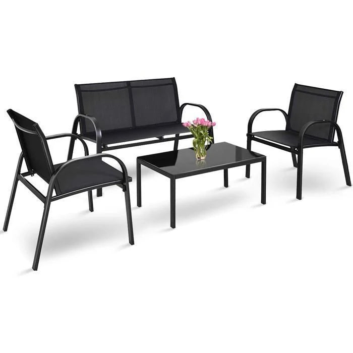 COSTWAY Ensemble Salon de Jardin 4 Places, 2 Fauteuils, 1 Canapé et 1 Table Basse en Verre, Tissu Respirant Anti-UV, Noir