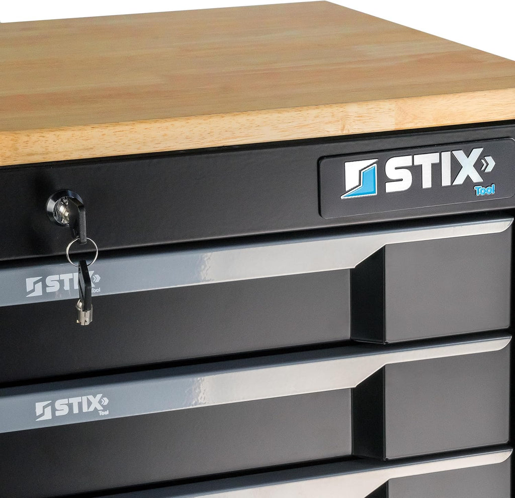 Stix UltimatePro C7/TS1 – Servante d’atelier avec 267 outils Cr-V, 7 tiroirs sur roulements, roulettes et plan de travail en bois