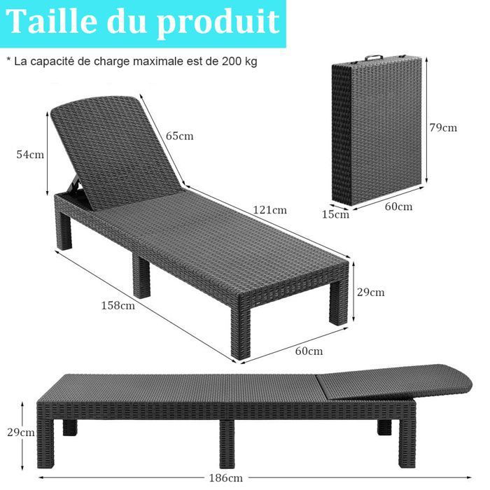 Bain de soleil -Chaise longue de jardin avec coussin gris, inclinable multi-positions,, pour piscine, terrasse et extérieur
