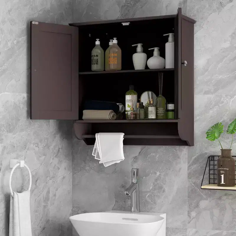 Armoire de salle de bain murale Costway avec barre porte-serviettes marron/gris