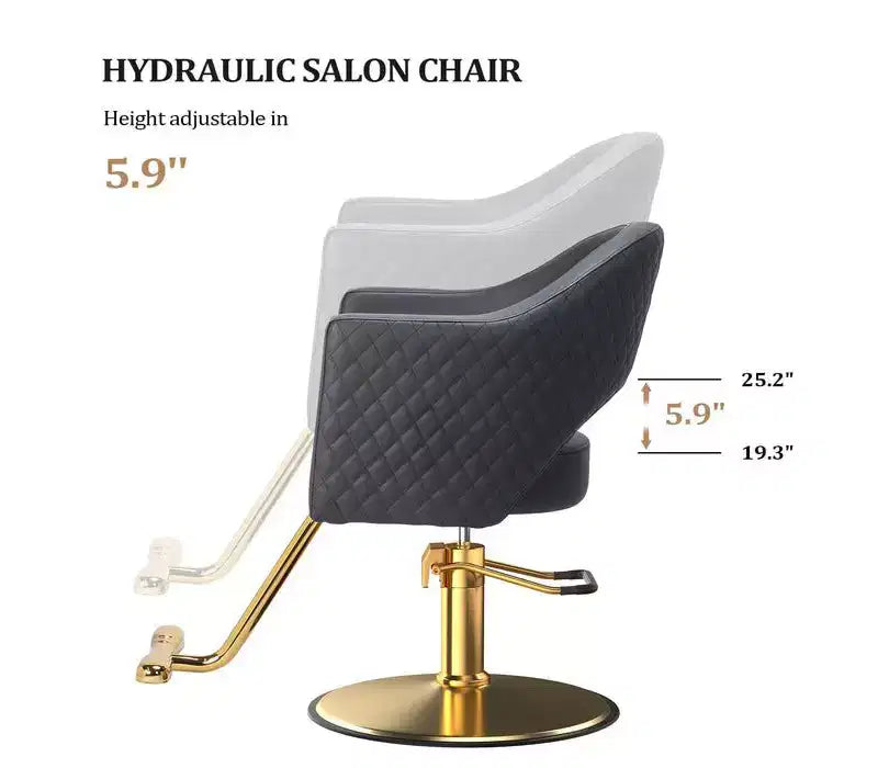 Chaise de coiffure pivotante Karl Home noire robuste à 360° avec dossier à motif losanges et repose-pieds doré