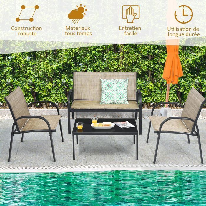 COSTWAY Ensemble Salon de Jardin 4 Places, 2 Fauteuils, 1 Canapé et 1 Table Basse en Verre, Tissu Respirant Anti-UV, Noir