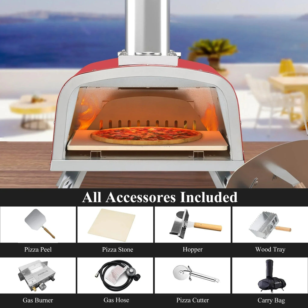 Four à Pizza Extérieur Multi-Combustibles avec Brûleur à Gaz et Boîte à Bois - 12 pouces