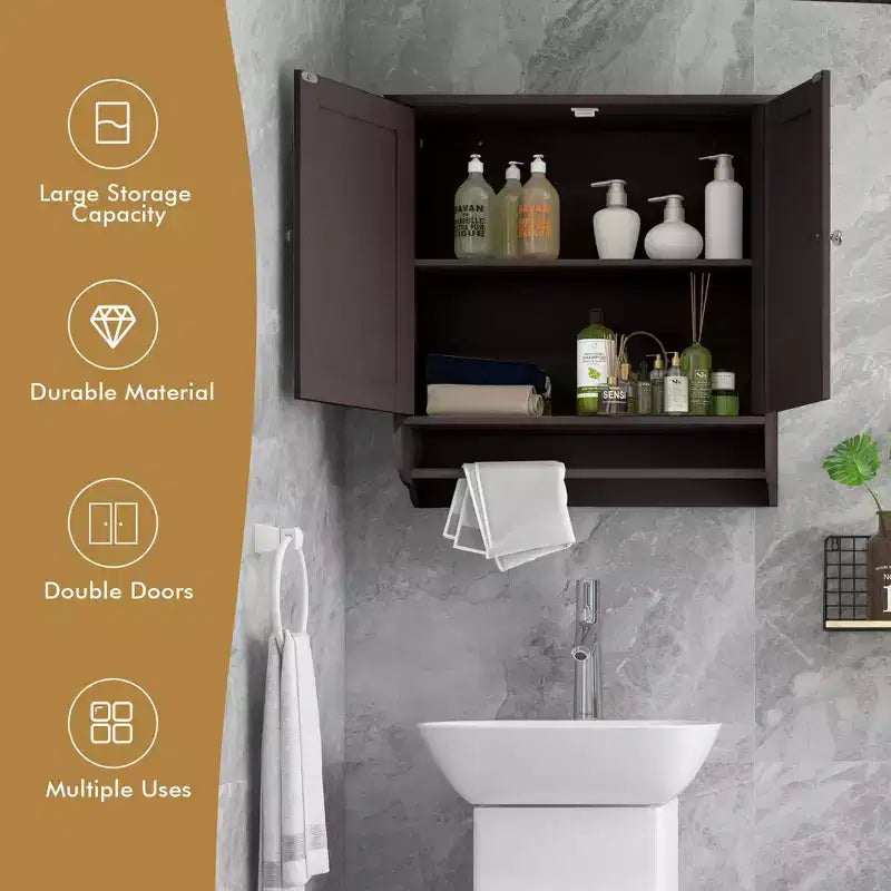 Armoire de salle de bain murale Costway avec barre porte-serviettes marron/gris