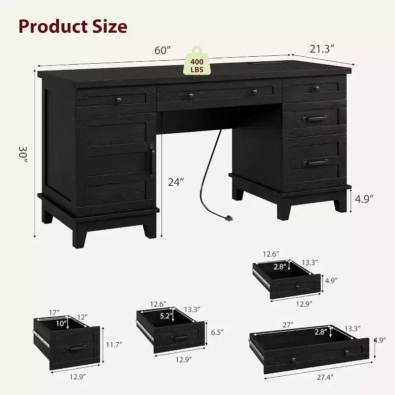 Bureau de direction de 152 cm avec tiroirs, bureau d'ordinateur avec station de charge, bureau d'écriture en bois pour étude, table de conférence pour salon