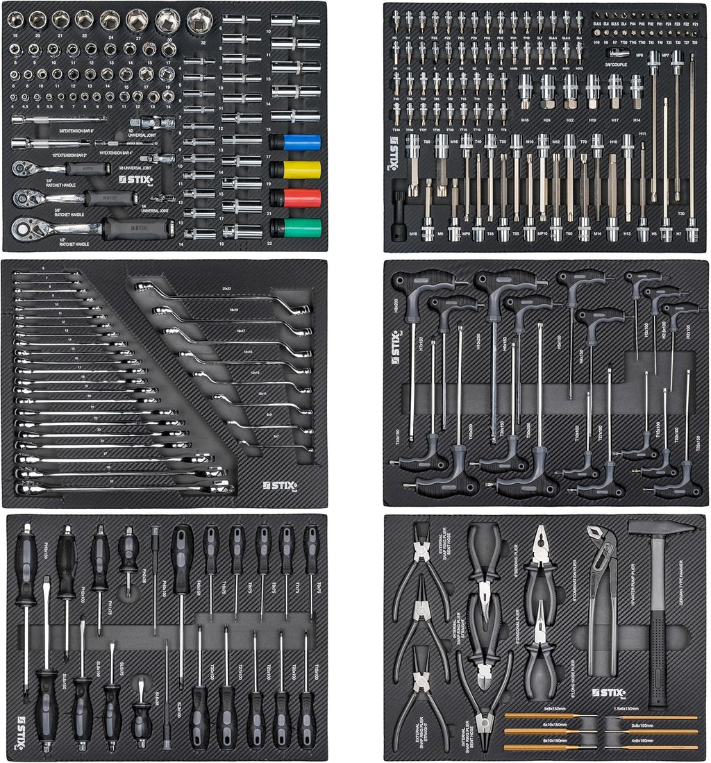 Stix UltimatePro C7/TS1 – Servante d’atelier avec 267 outils Cr-V, 7 tiroirs sur roulements, roulettes et plan de travail en bois