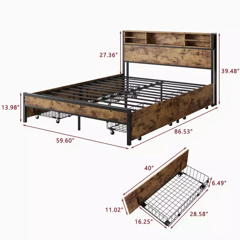 MAYEERTY Lit Plateforme Marron en Métal Taille Queen avec Cadre 4 Tiroirs de Rangement Tête de Lit en Bois Station de Recharge Pas de Sommier Tapissier Sans Bruit Assemblage Facile