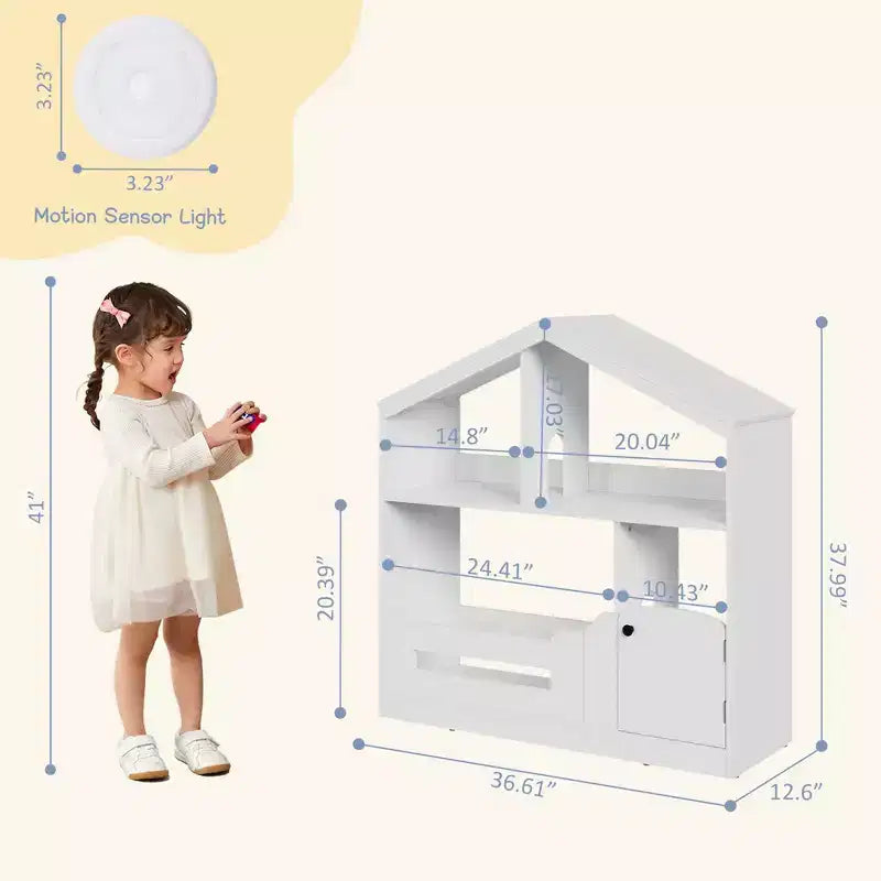 Étagère à livres pour enfants avec détecteur de mouvement, bibliothèque et organisateur de jouets en bois à 2 niveaux pour chambre d'enfant, crèche et salle de classe