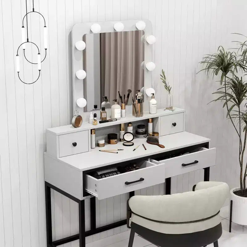 Coiffeuse avec miroir lumineux, table de maquillage Hollywood 3 couleurs dimmable avec 4 tiroirs