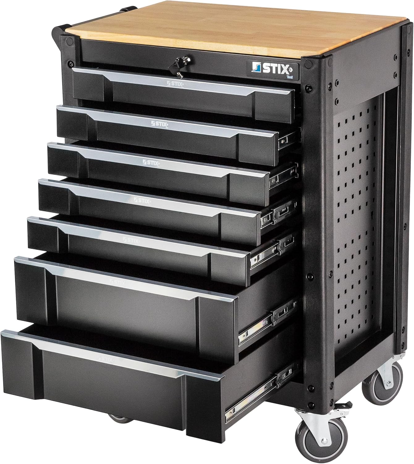 Stix UltimatePro C7/TS1 – Servante d’atelier avec 267 outils Cr-V, 7 tiroirs sur roulements, roulettes et plan de travail en bois