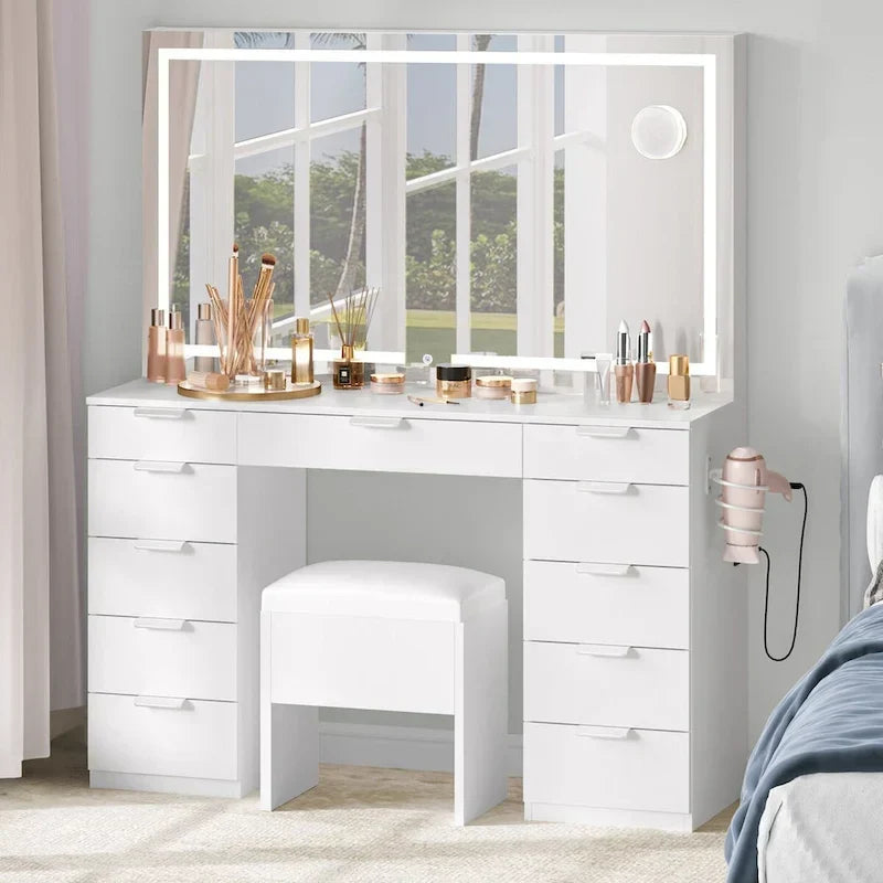 Moasis 46 Coiffeuse avec prise intégrée, miroir éclairé et support pour sèche-cheveux – 55,8 H x 46 L x 11,7 P